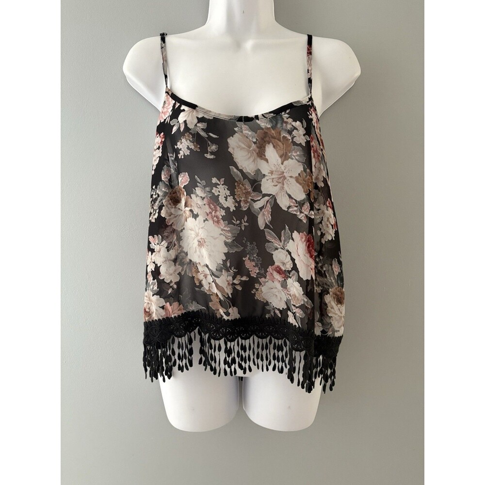 Vtg Wet Seal Cami Tank Size M Black Floral Lace Tassel Romantic Cottagecore